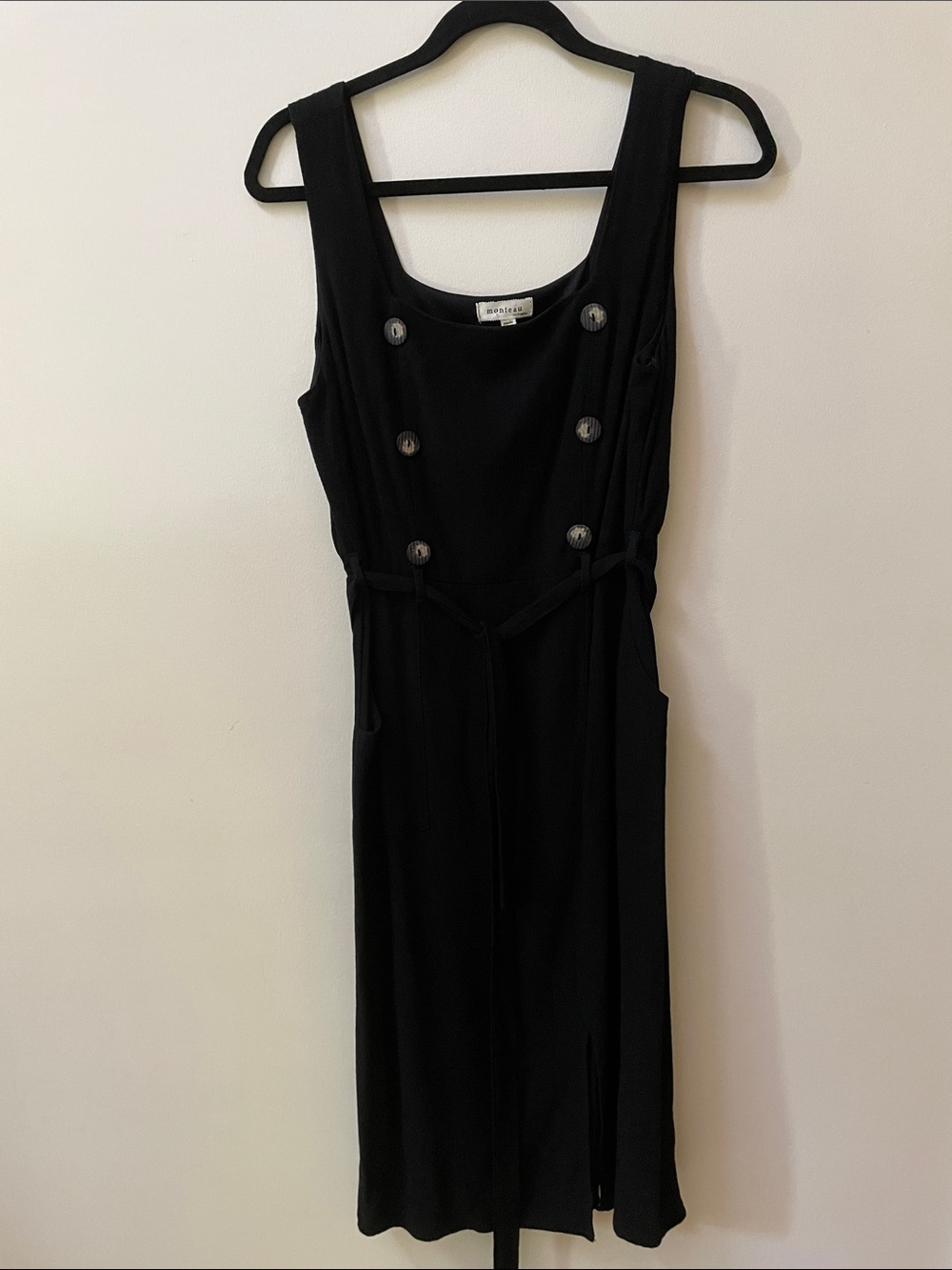 monteau Linen Blend Minimalist Black Sleeveless Button-accent square neck Dress